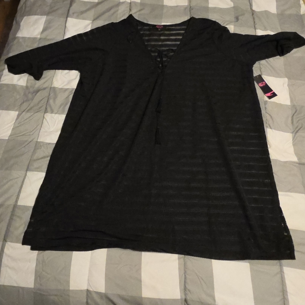 3X Black Semi Sheer Striped Swimsuit Cover Up